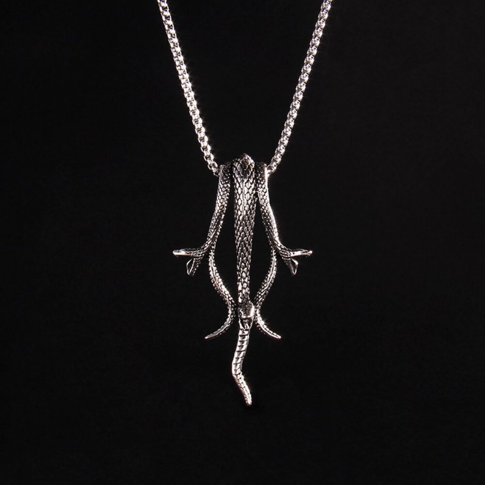 3 Headed Snake Pendant necklace stainless steel Silver 26" unisex Chain Gift